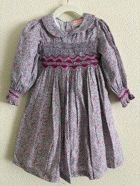 Smock London Lavender Floral Smocked Long-Sleeve Kids Dress Sz 2-4